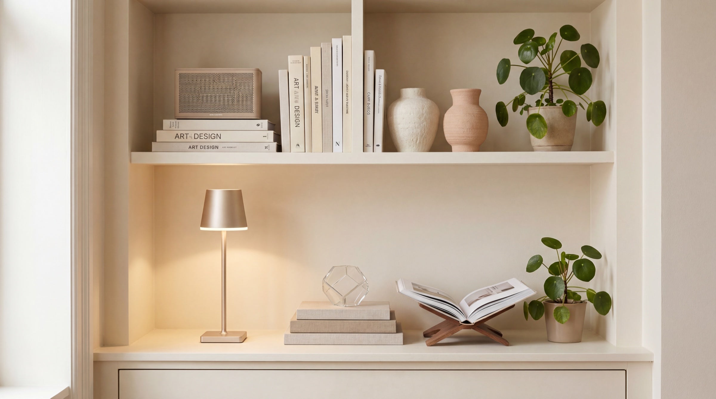 xoxo+ X2 Champagner in eingebauter Wandnische mit Büchern und Pflanze