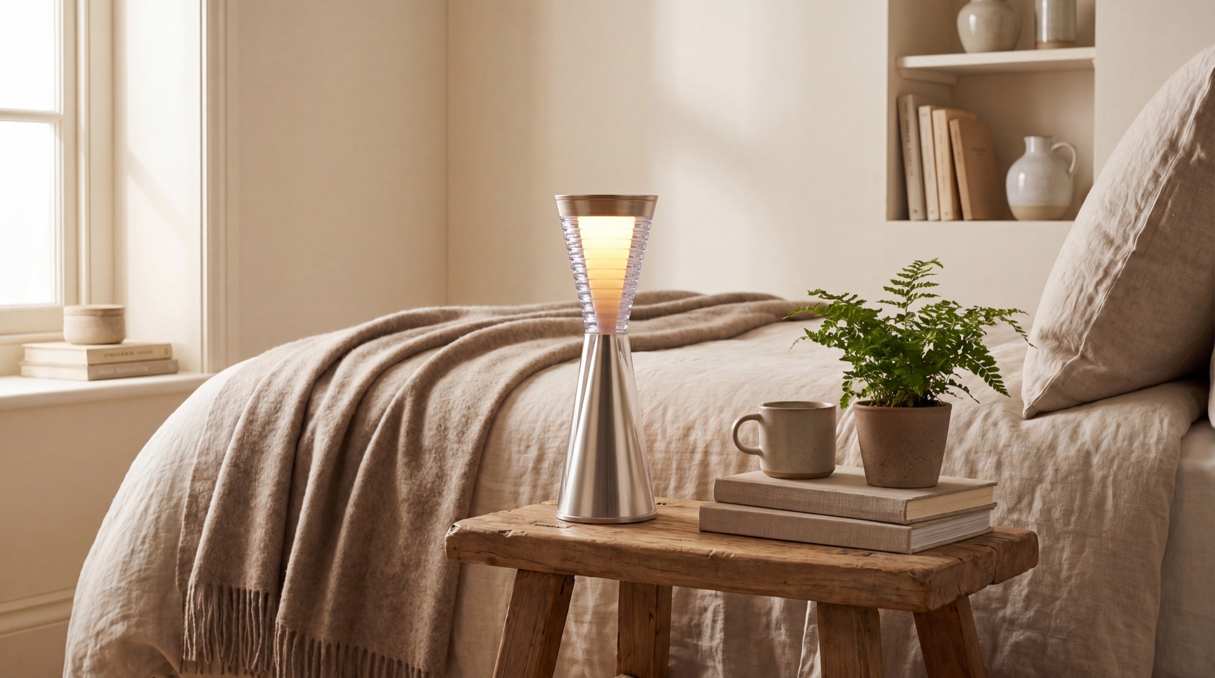 xoxo+ X8 Premium-Tischleuchte auf Holzbank am Bett mit Decke und Farn