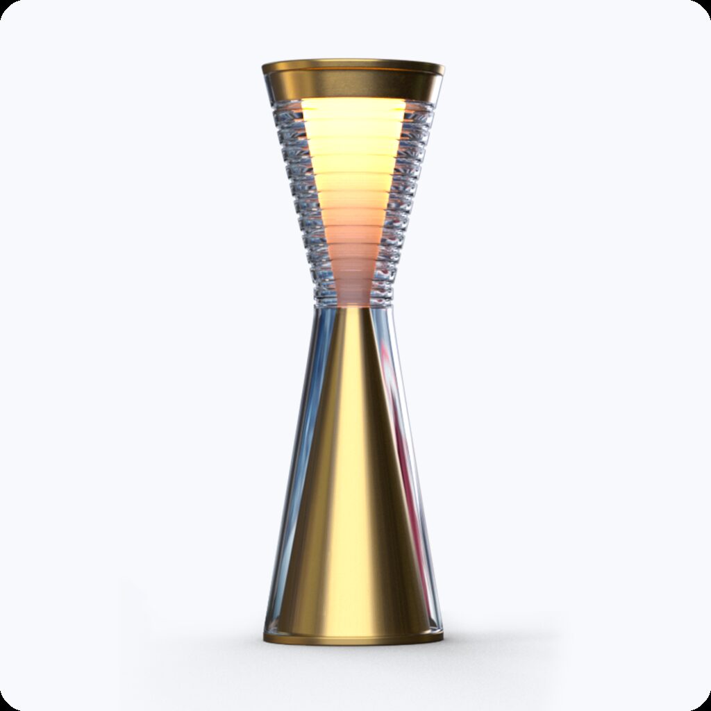 Lampe de table à accu élégante et à intensité variable, au design conique doré et à la partie supérieure transparente, qui offre un design lumineux moderne. L'inscription 'GOLD' est représentée de manière proéminente à côté de la lampe.